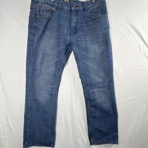 FUSAI Straight Leg Jeans Mens Blue Distressed Paint Splatter Stained